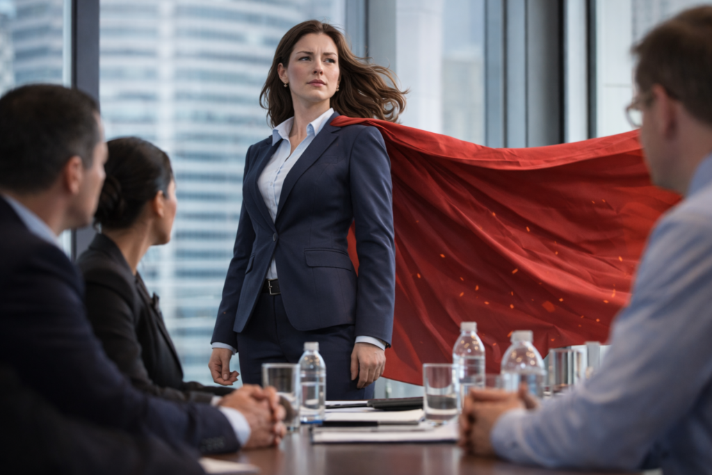 woman wearing cape in an office meeting; permission