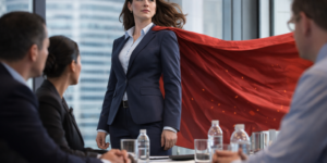 woman wearing cape in an office meeting; permission