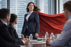 woman wearing cape in an office meeting; permission