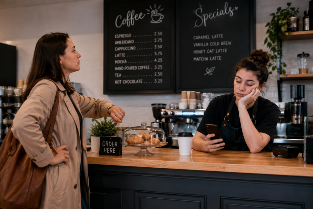 barista on her phone ignoring the customer and seemingly bored while the customer is clearly waiting; customer experience
