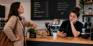 barista on her phone ignoring the customer and seemingly bored while the customer is clearly waiting; customer experience