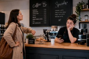 barista on her phone ignoring the customer and seemingly bored while the customer is clearly waiting; customer experience